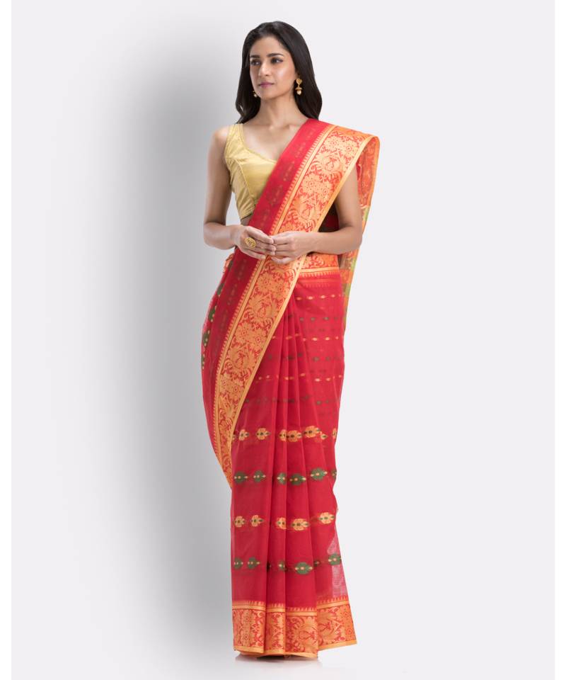 Indian Women Red Tant Cotton Saree Without Blouse