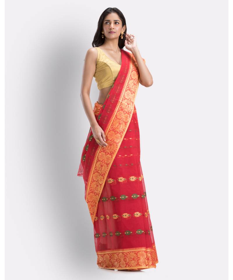 Indian Women Red Tant Cotton Saree Without Blouse