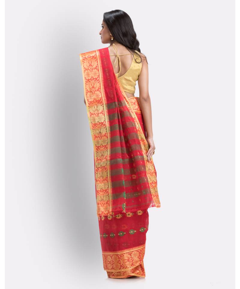 Indian Women Red Tant Cotton Saree Without Blouse