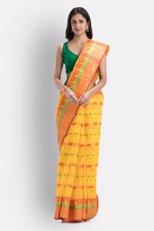 Woven Tant Pure Cotton Saree (Yellow) Without Blouse