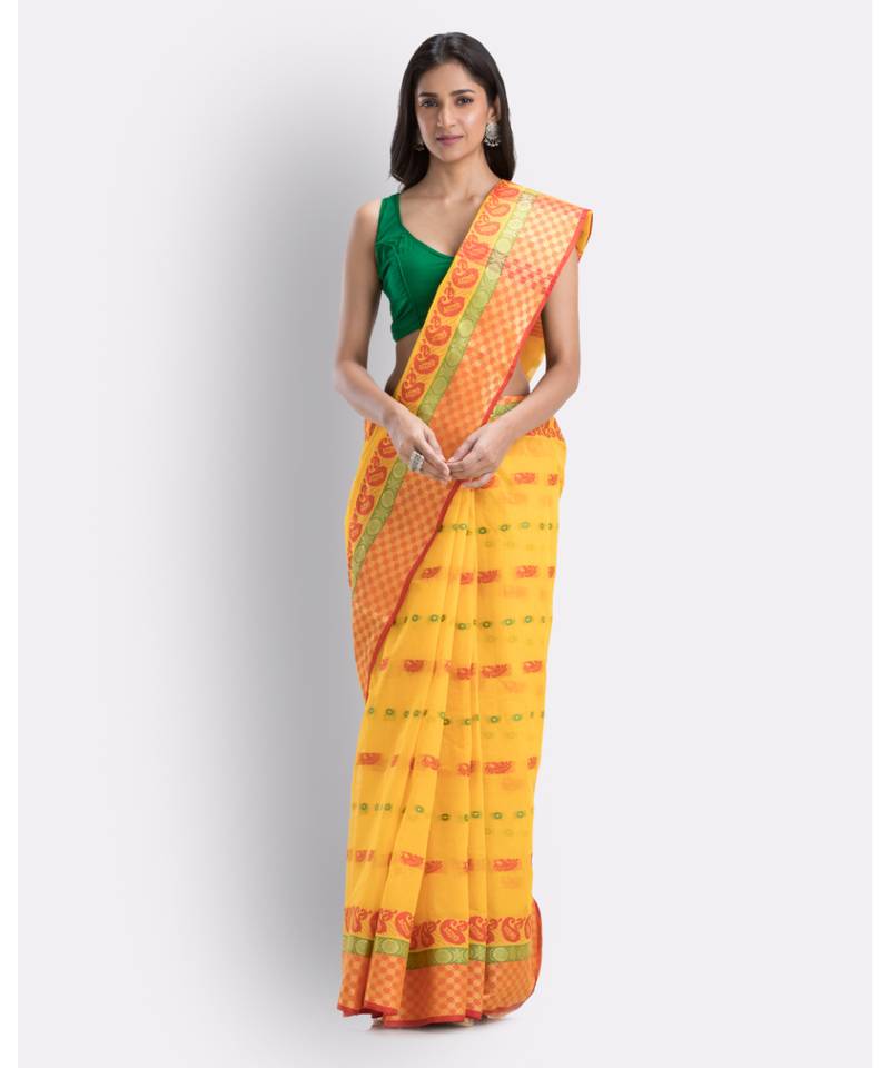Woven Tant Pure Cotton Saree (Yellow) Without Blouse