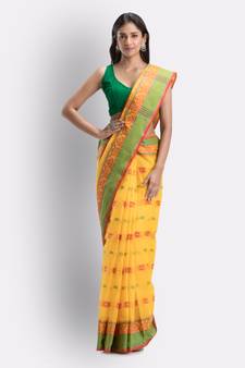 Yellow Woven Design Pure Cotton Handwoven Taant Saree Without Blouse