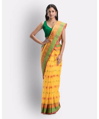 Yellow Woven Design Pure Cotton Handwoven Taant Saree Without Blouse 1