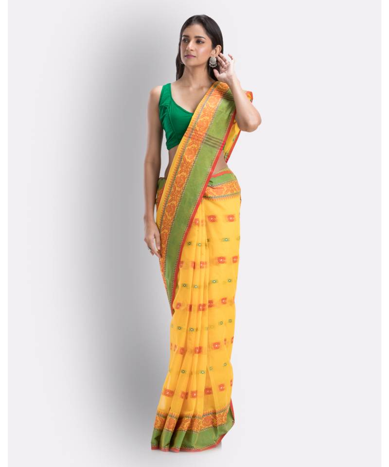 Yellow Woven Design Pure Cotton Handwoven Taant Saree Without Blouse