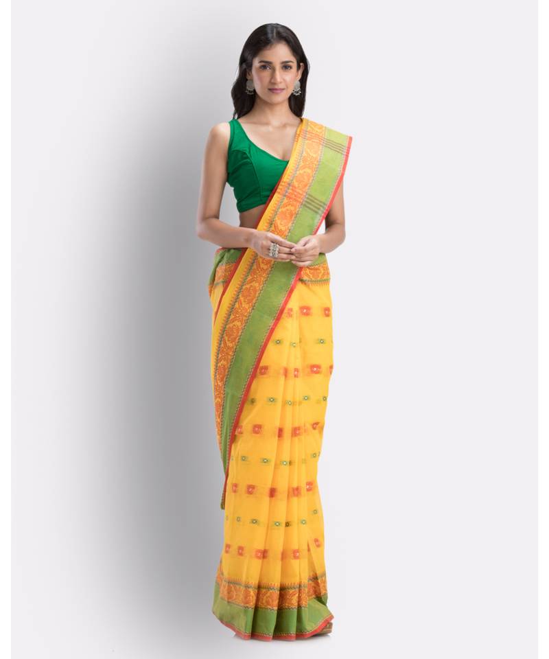Yellow Woven Design Pure Cotton Handwoven Taant Saree Without Blouse