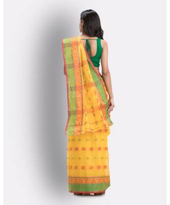 Yellow Woven Design Pure Cotton Handwoven Taant Saree Without Blouse 4
