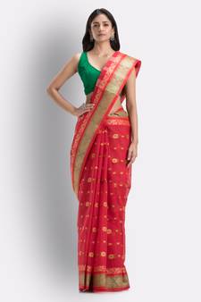 Red Pure Cotton Taant Saree Without Blouse