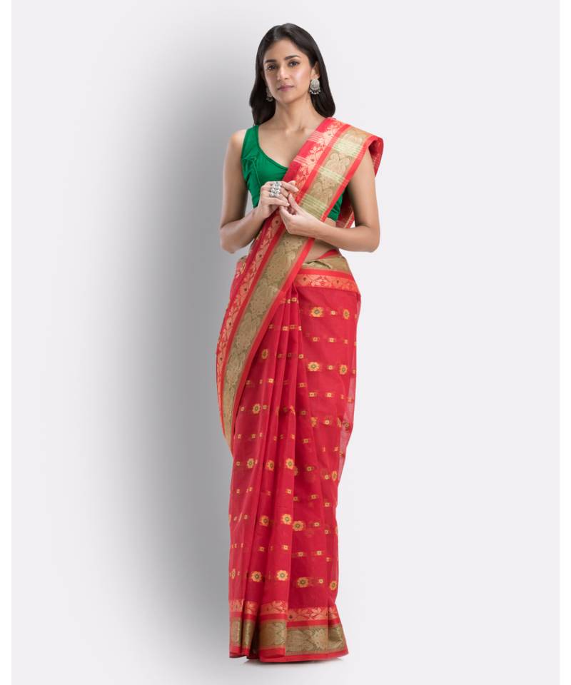 Red Pure Cotton Taant Saree Without Blouse