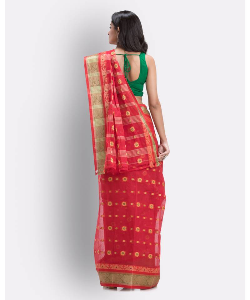 Red Pure Cotton Taant Saree Without Blouse