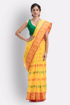Indian Women Yellow Tant Cotton Saree Without Blouse