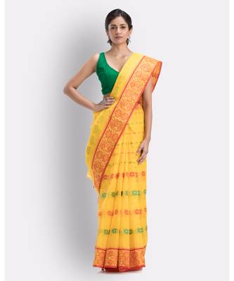 Indian Women Yellow Tant Cotton Saree Without Blouse 1