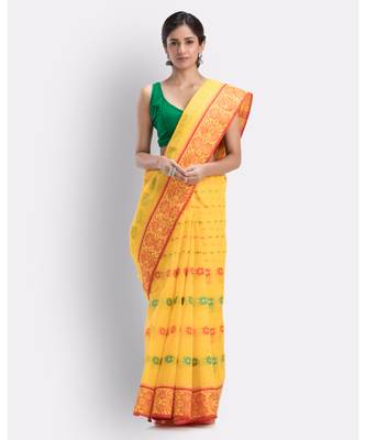 Indian Women Yellow Tant Cotton Saree Without Blouse 2