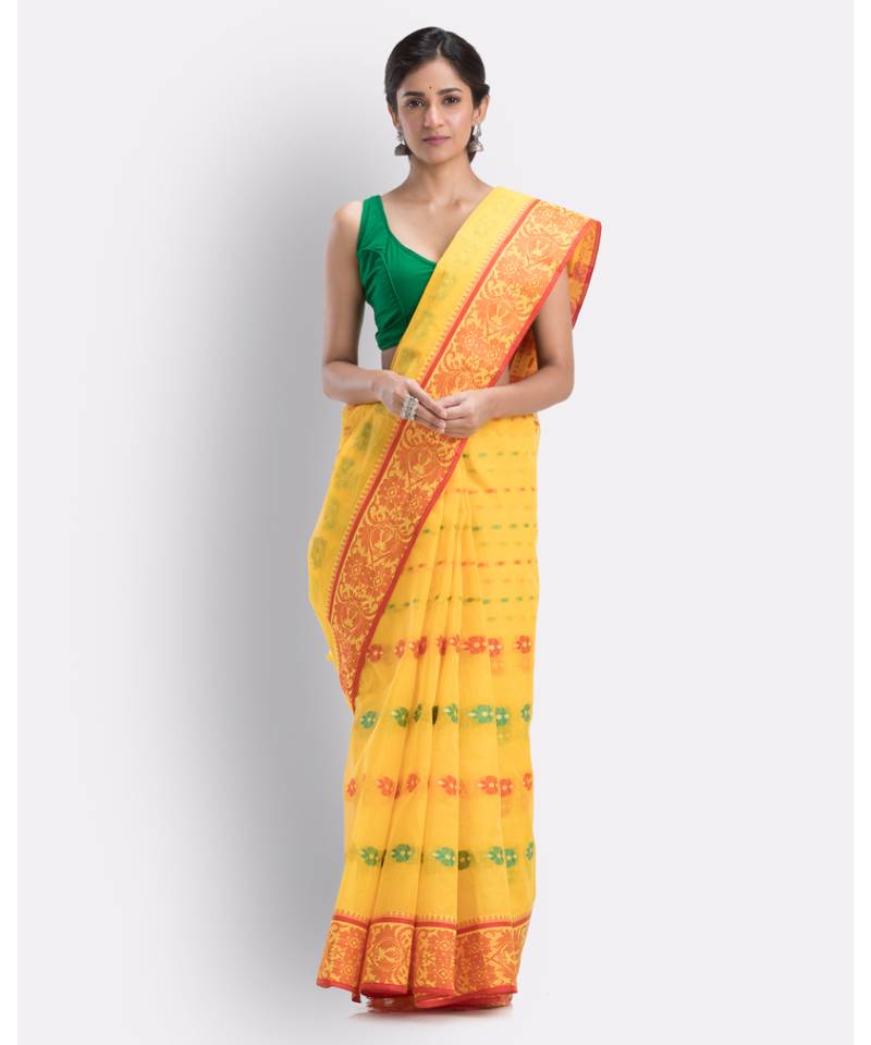 Indian Women Yellow Tant Cotton Saree Without Blouse