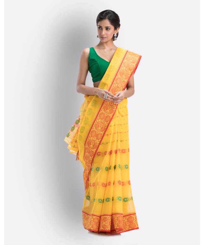 Indian Women Yellow Tant Cotton Saree Without Blouse