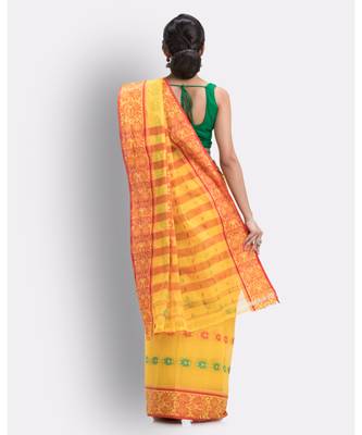 Indian Women Yellow Tant Cotton Saree Without Blouse 4