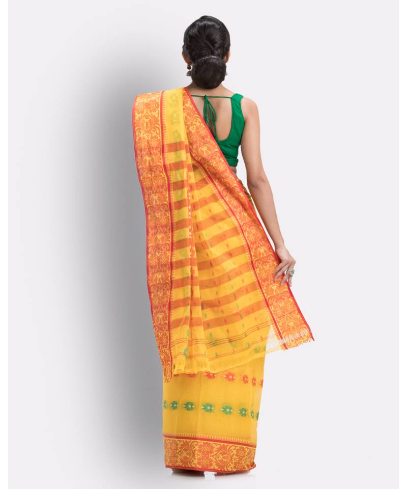 Indian Women Yellow Tant Cotton Saree Without Blouse