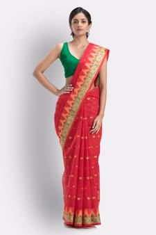 Handloom Pure Cotton Tant Saree In Maroon Without Blouse
