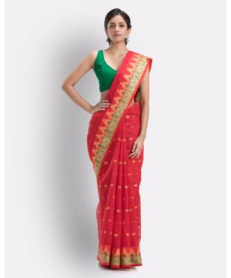 Handloom Pure Cotton Tant Saree In Maroon Without Blouse 1
