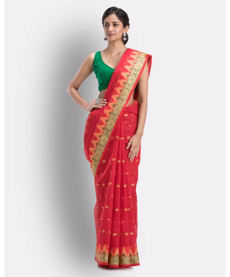 Handloom Pure Cotton Tant Saree In Maroon Without Blouse