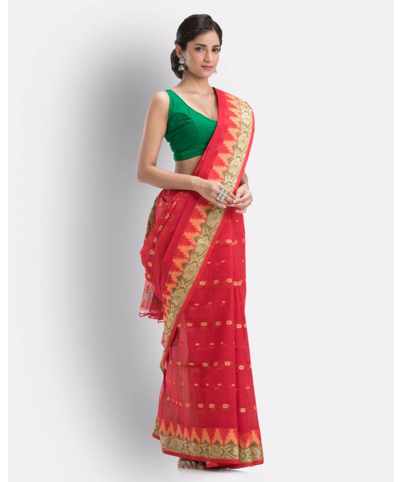 Handloom Pure Cotton Tant Saree In Maroon Without Blouse