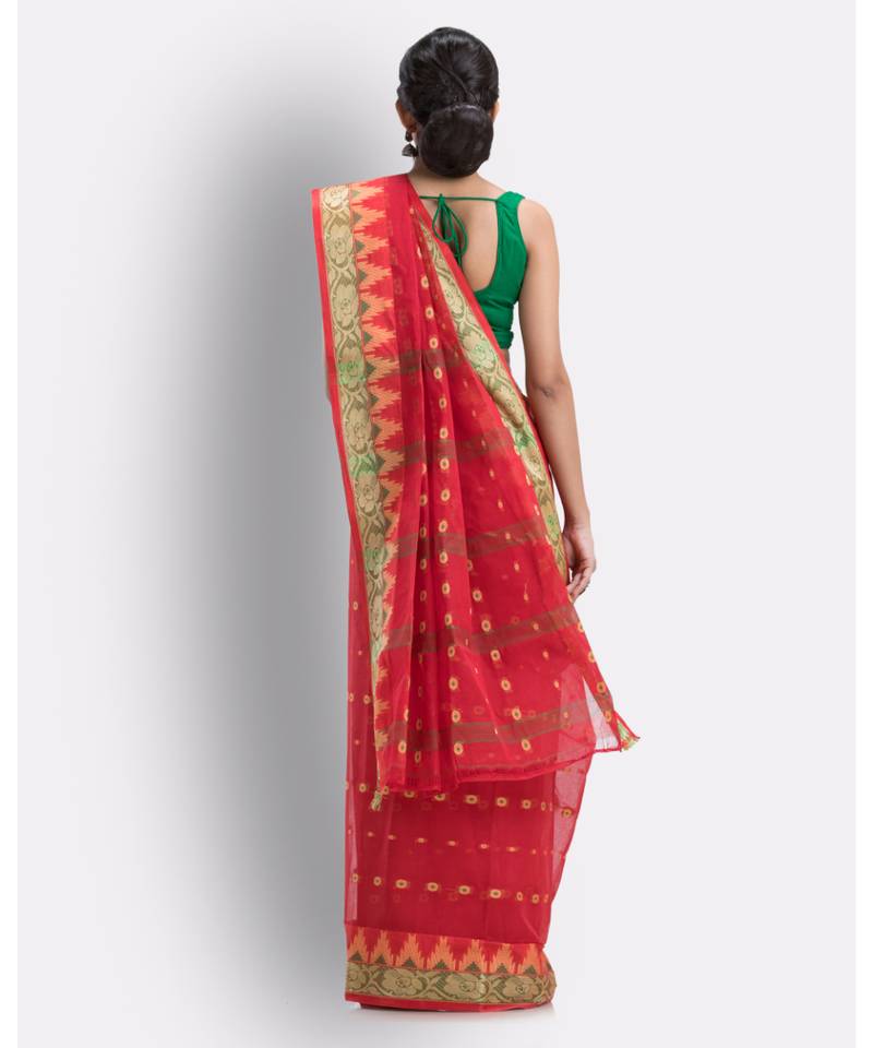 Handloom Pure Cotton Tant Saree In Maroon Without Blouse