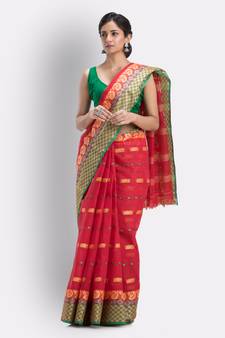 Woven Tant Pure Cotton Saree (Red) Without Blouse