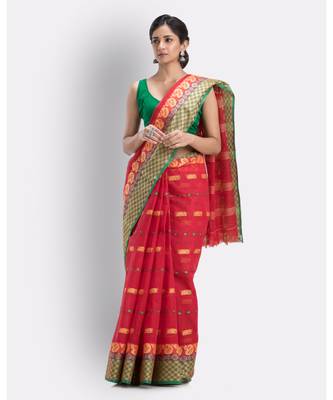 Woven Tant Pure Cotton Saree (Red) Without Blouse 1