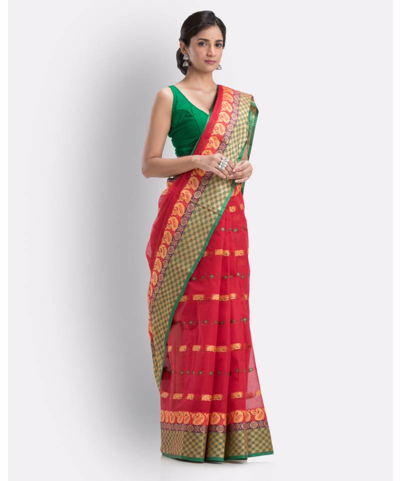 Woven Tant Pure Cotton Saree (Red) Without Blouse