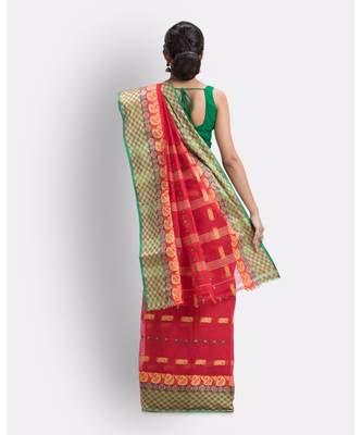 Woven Tant Pure Cotton Saree (Red) Without Blouse 3