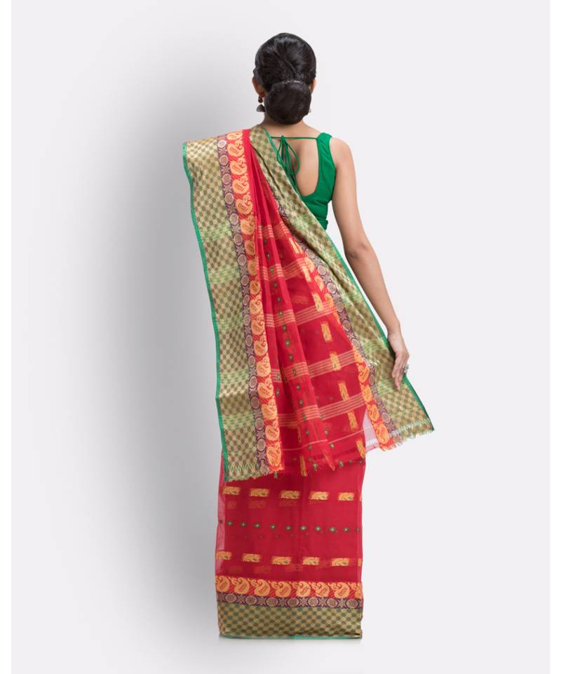 Woven Tant Pure Cotton Saree (Red) Without Blouse
