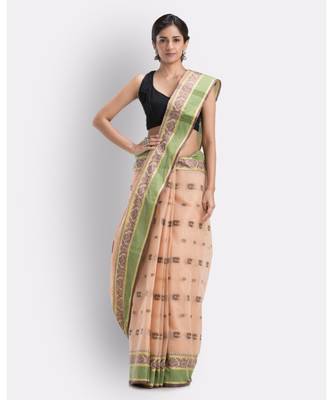 Beige Woven Design Pure Cotton Handwoven Tant Saree Without Blouse 1