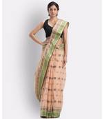 Beige Woven Design Pure Cotton Handwoven Tant Saree Without Blouse