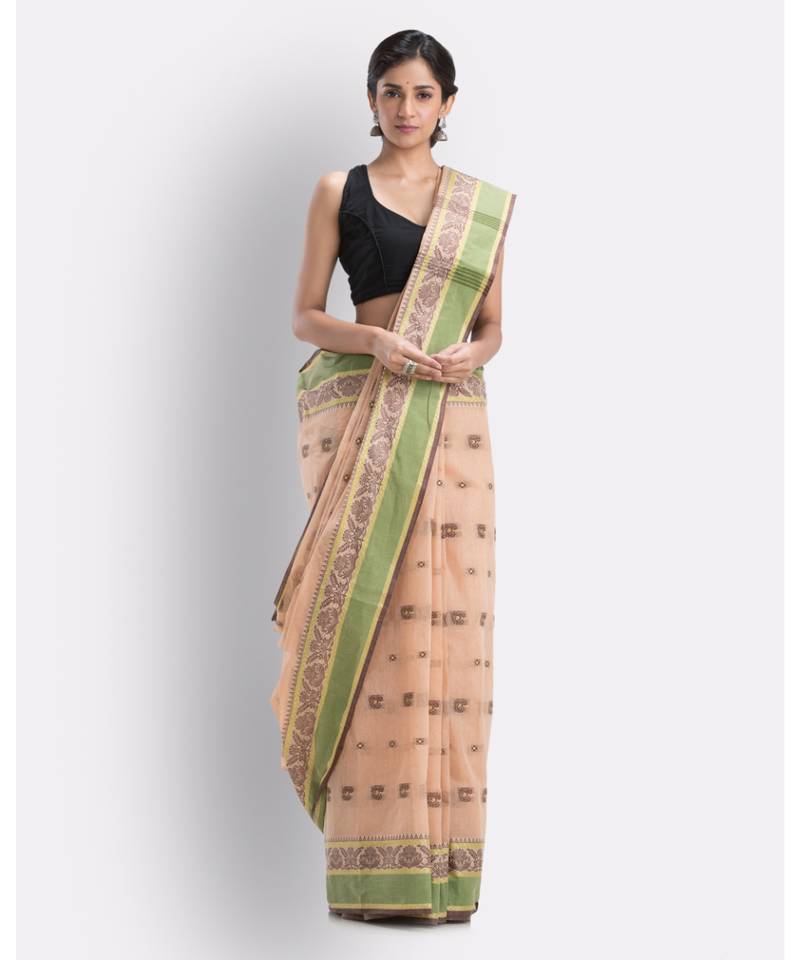 Beige Woven Design Pure Cotton Handwoven Tant Saree Without Blouse
