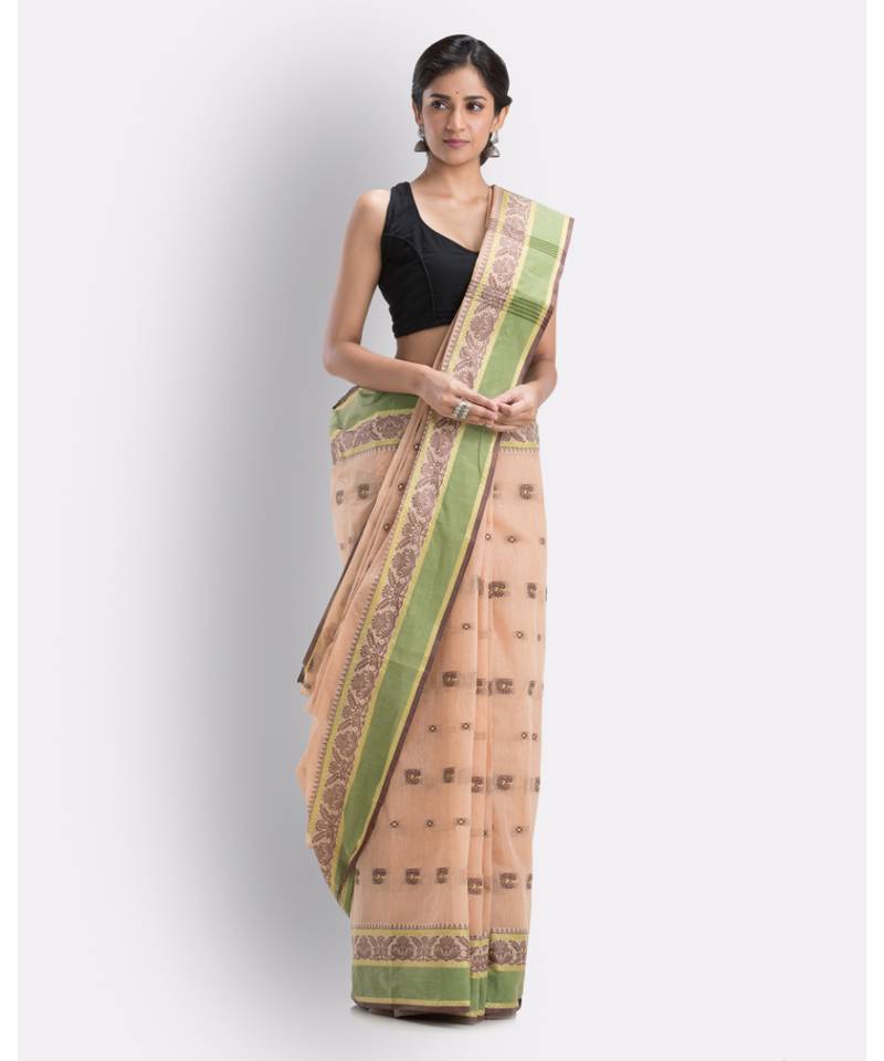 Beige Woven Design Pure Cotton Handwoven Tant Saree Without Blouse