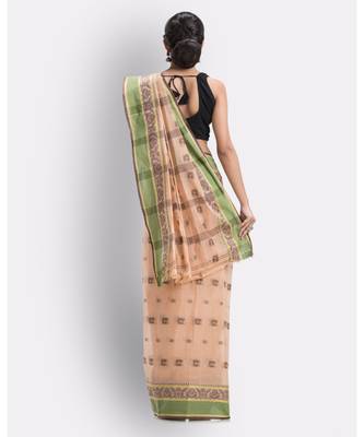 Beige Woven Design Pure Cotton Handwoven Tant Saree Without Blouse 4