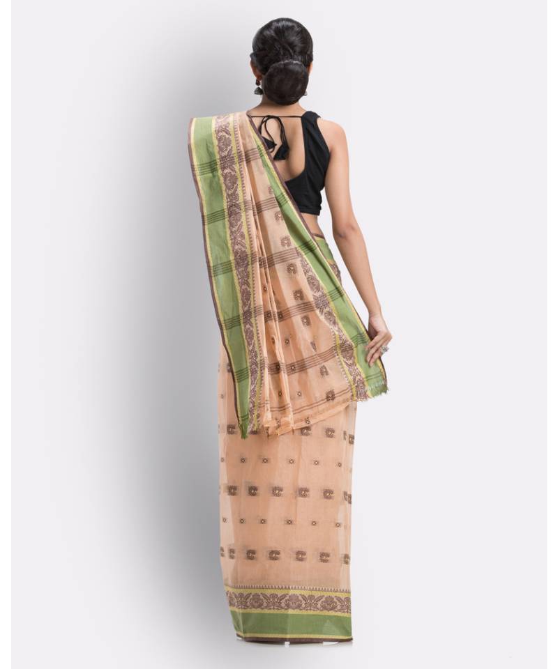 Beige Woven Design Pure Cotton Handwoven Tant Saree Without Blouse