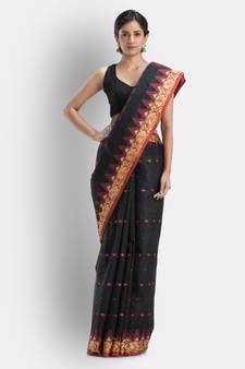 Handloom Pure Cotton Tant Saree In Black Without Blouse