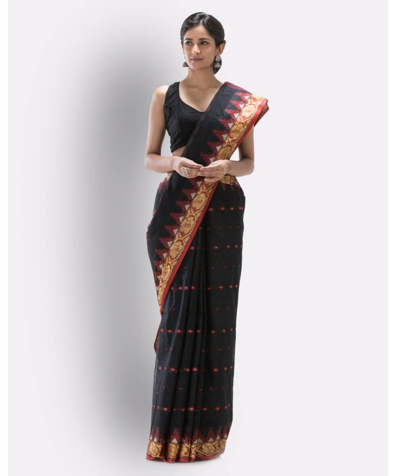 Handloom Pure Cotton Tant Saree In Black Without Blouse