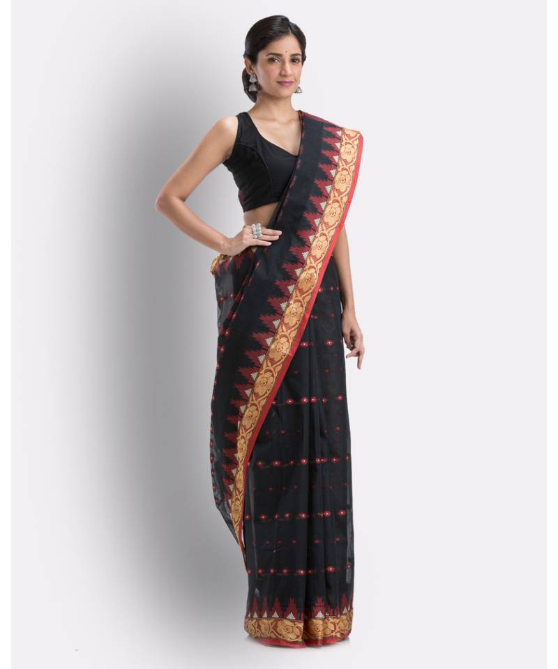 Handloom Pure Cotton Tant Saree In Black Without Blouse