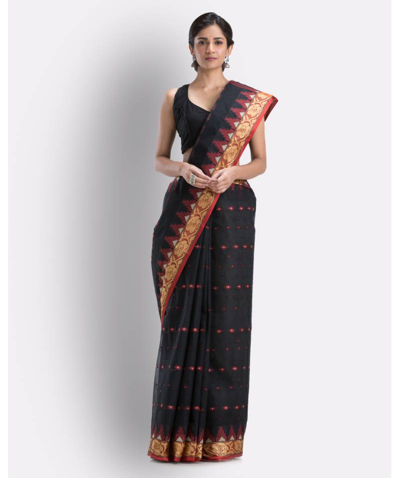 Handloom Pure Cotton Tant Saree In Black Without Blouse