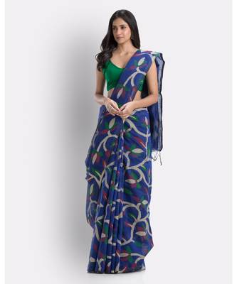 Blue Handloom Printed Cotton blend Saree 1