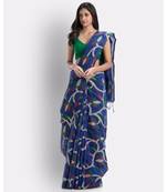 Blue Handloom Printed Cotton blend Saree