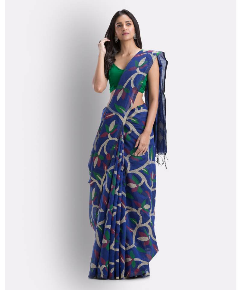 Blue Handloom Printed Cotton blend Saree