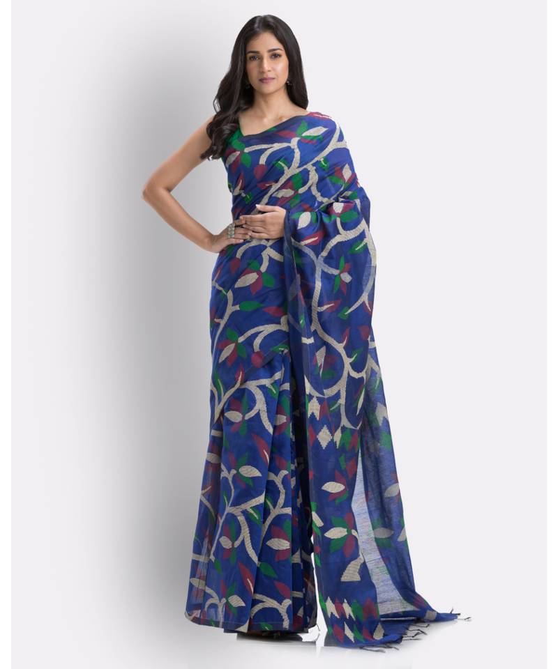 Blue Handloom Printed Cotton blend Saree