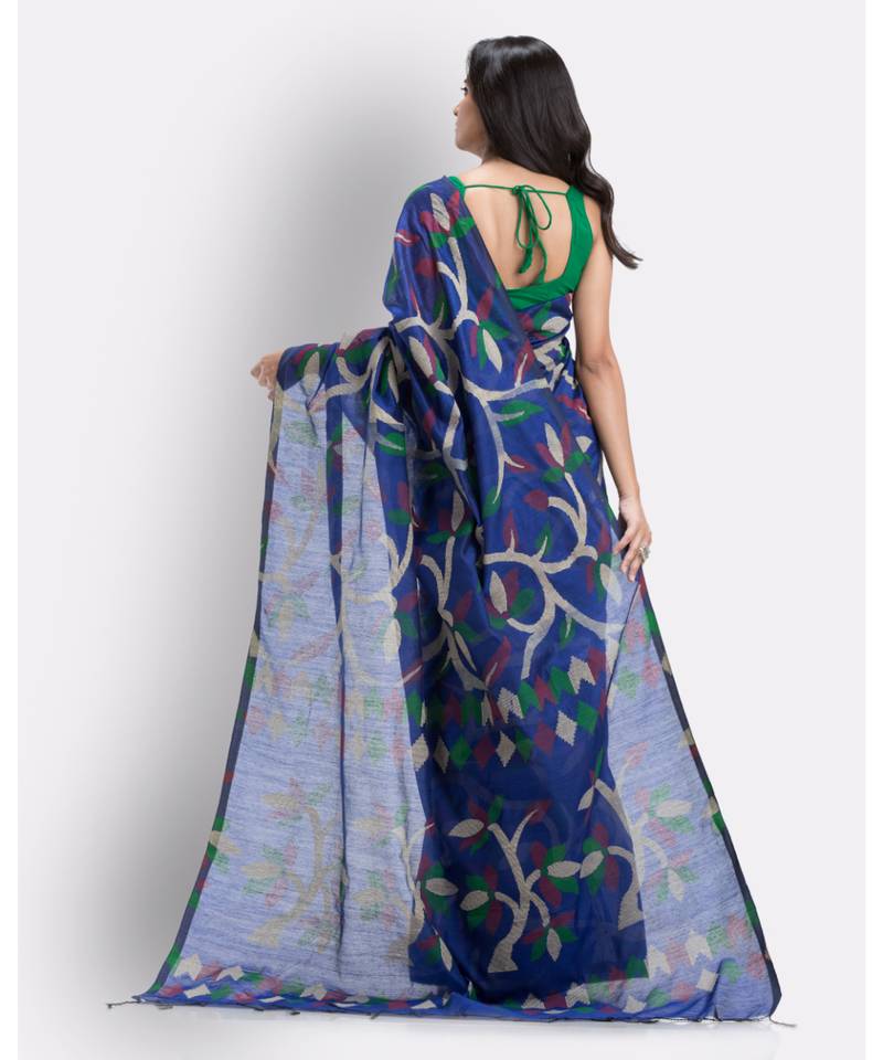 Blue Handloom Printed Cotton blend Saree