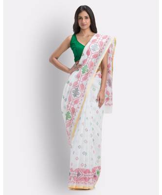 White Handloom Printed Cotton blend Saree 1