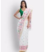 White Handloom Printed Cotton blend Saree