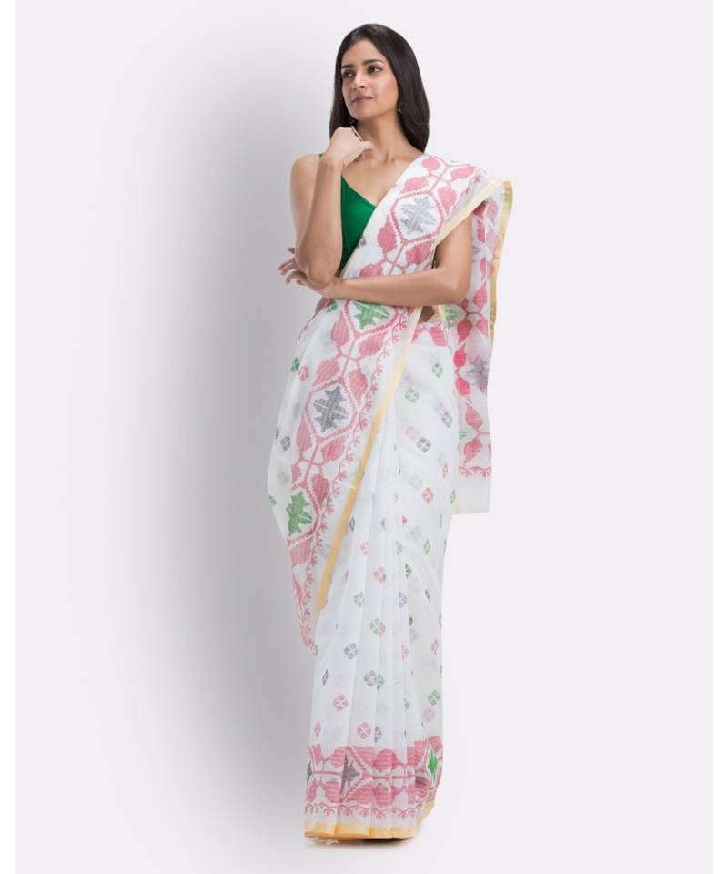 White Handloom Printed Cotton blend Saree