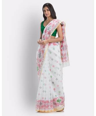 White Handloom Printed Cotton blend Saree 3