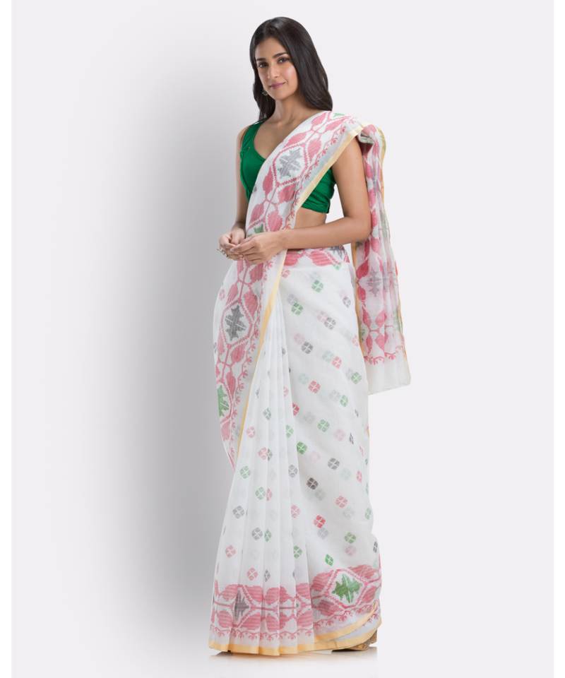 White Handloom Printed Cotton blend Saree